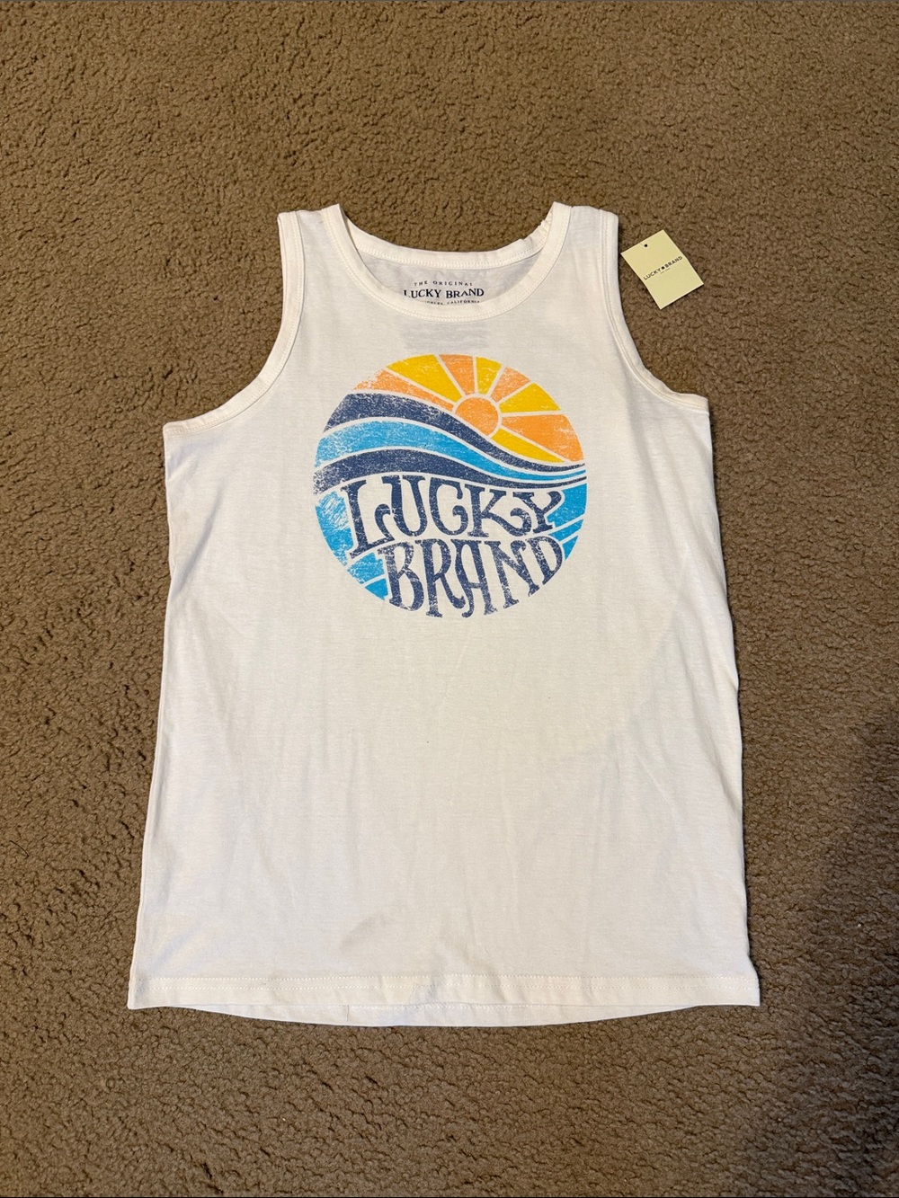 Boy’s Lucky Brand White Tank Top with Sun & Wave Graphic